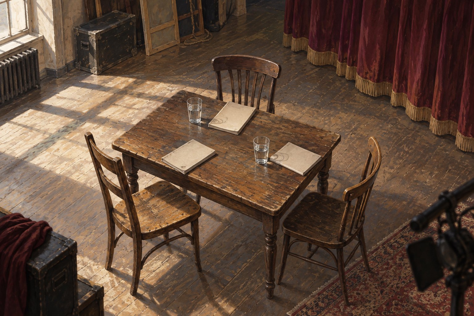 Conceptual illustration of three empty chairs around a rehearsal table with unmarked booklets and water glasses.