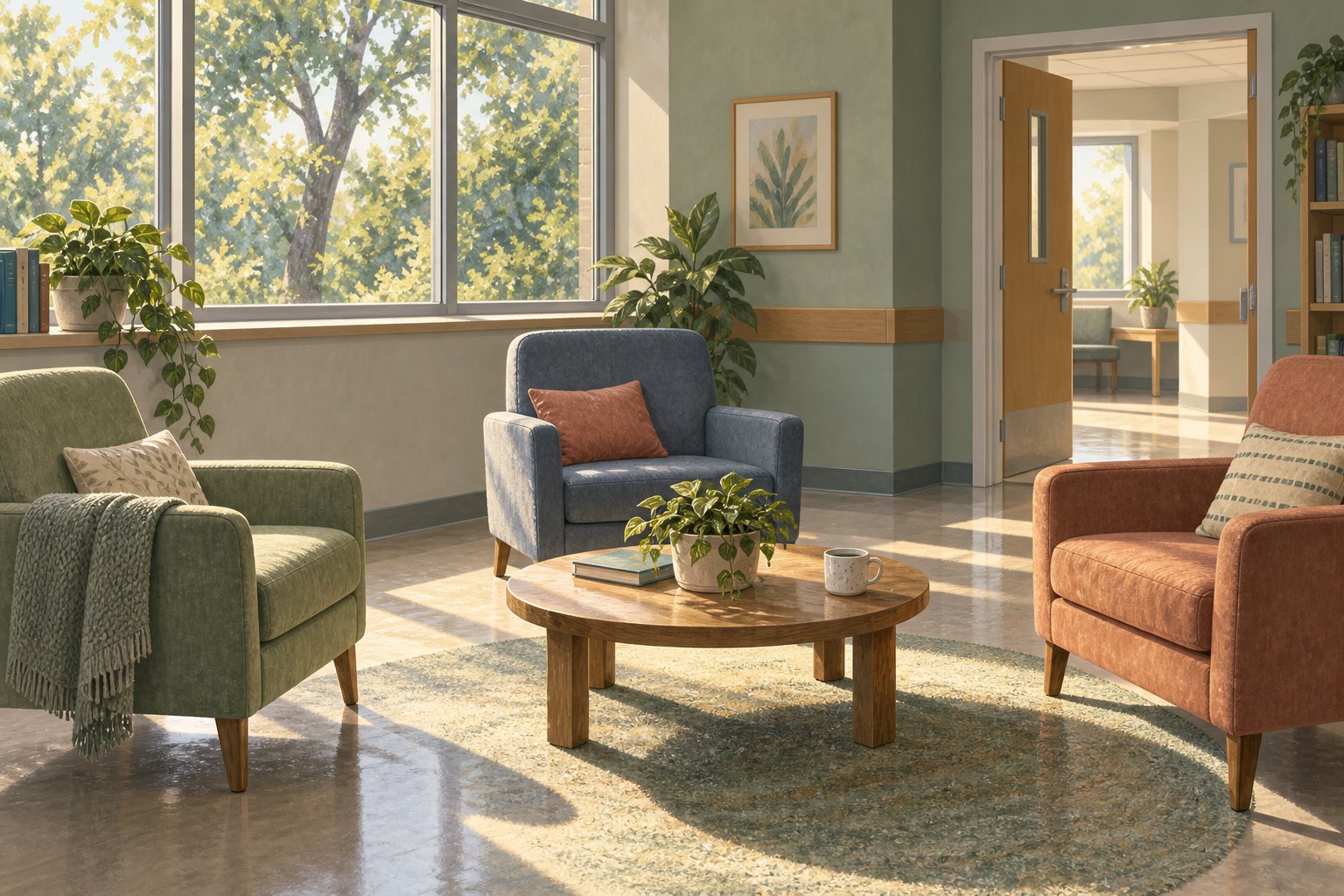 Conceptual illustration of an empty hospital dayroom with three armchairs, a round table, and afternoon sunlight.