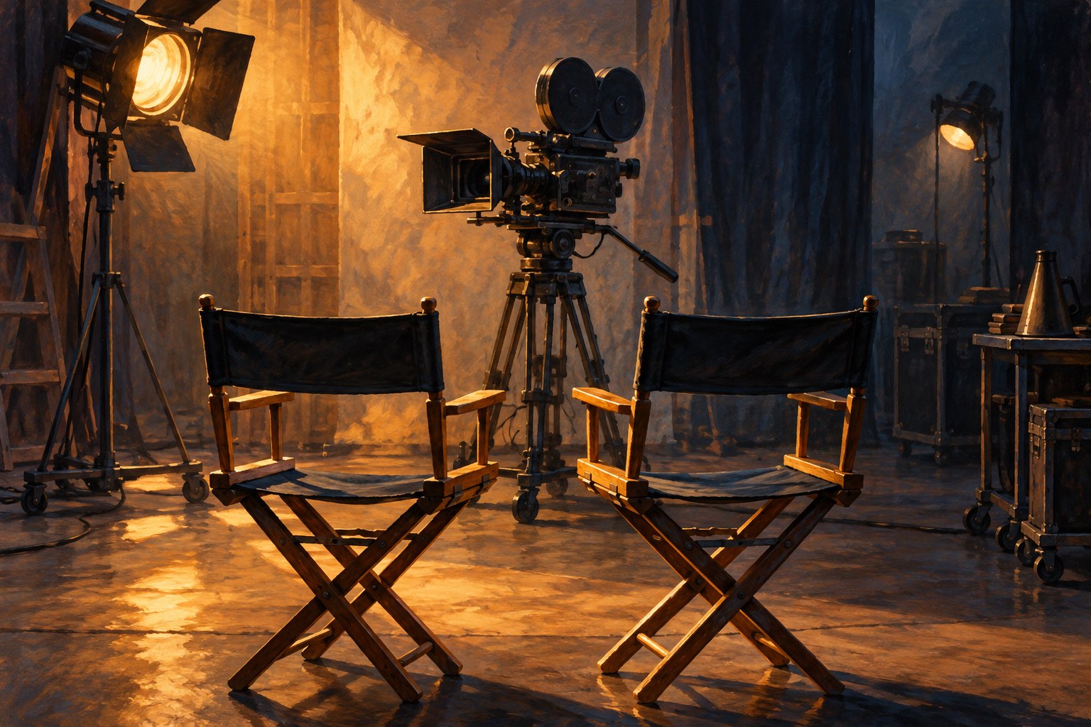 Conceptual painting of two empty actor chairs facing a movie camera in an amber-lit studio.