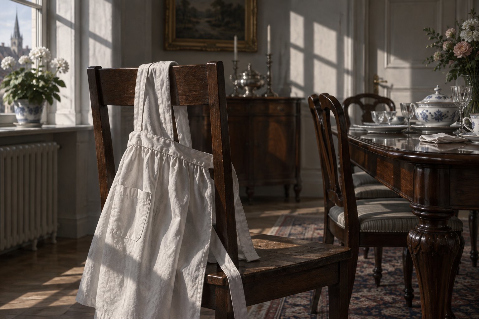 Conceptual illustration of a white servant’s apron draped over a wooden chair beside an elegant dining table.