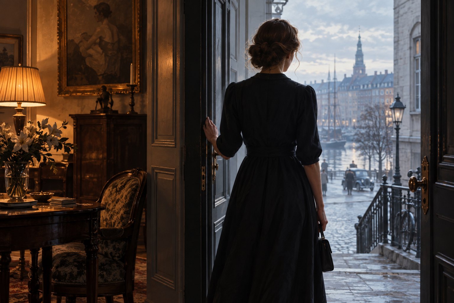 Conceptual illustration of a woman in a dark period dress looking from an ornate apartment doorway toward a Copenhagen street.
