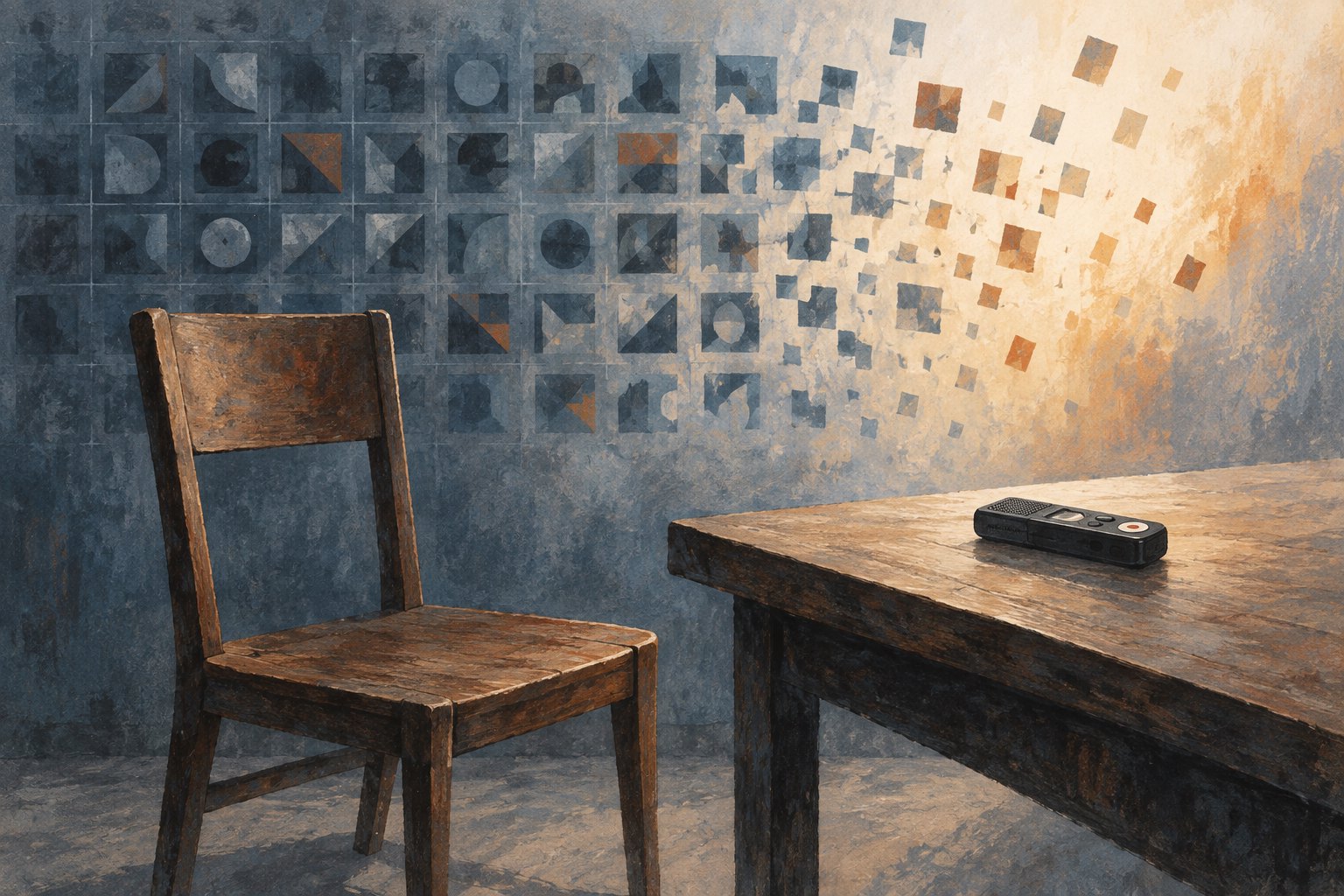 Conceptual illustration of an empty wooden chair and an audio recorder beside a geometric grid dissolving into light.