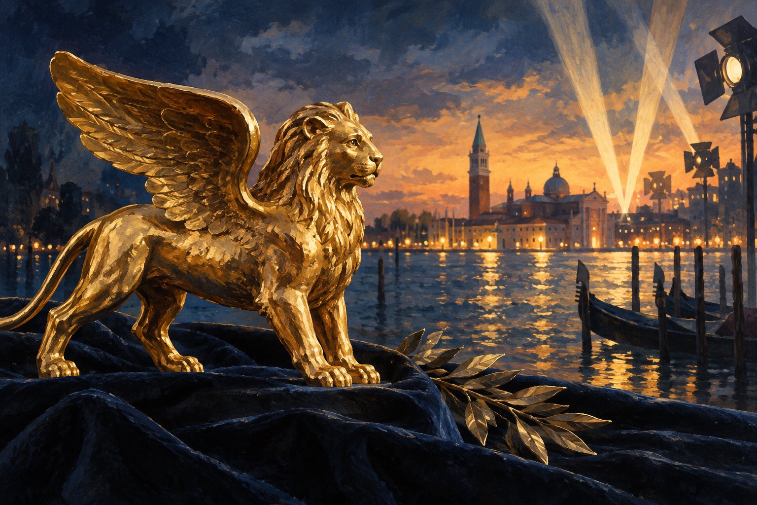 Painterly illustration of a golden winged lion beside the Venice lagoon at dusk, with cinema lights illuminating the sky.