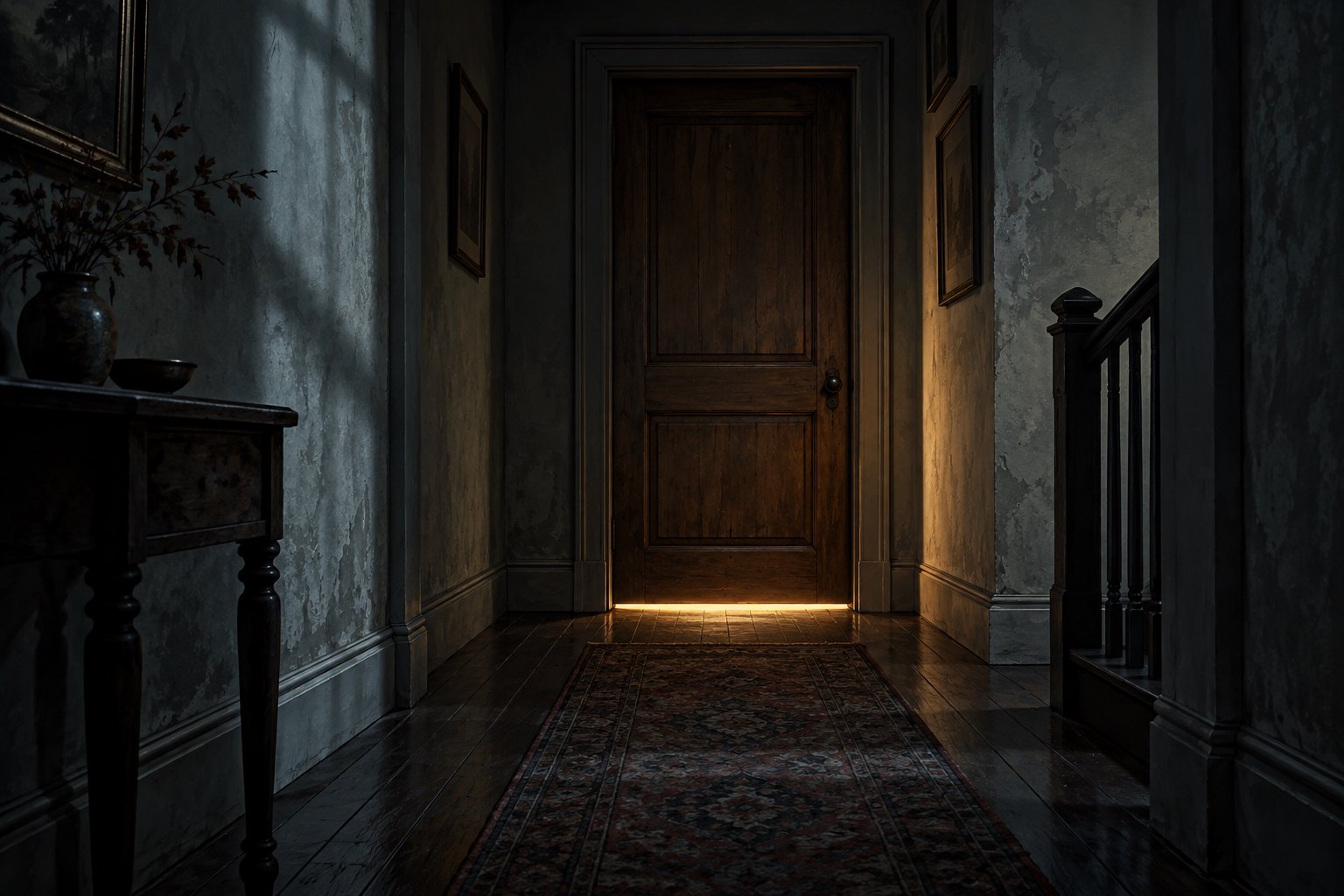 Concept illustration of a shadowy hallway with warm light beneath a closed wooden door.