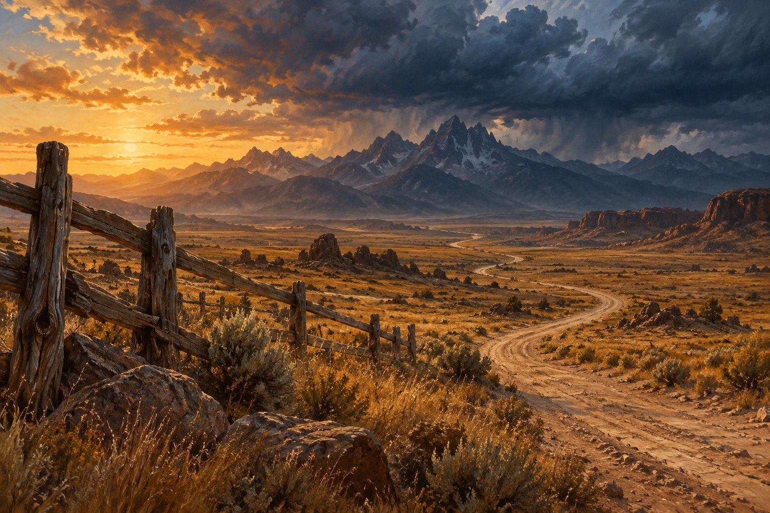 Conceptual Western illustration of a winding dirt trail beside a weathered fence beneath golden light and dark mountain clouds.
