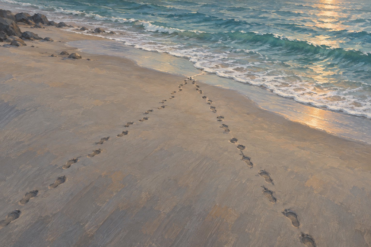 Conceptual illustration of two trails of footprints converging near waves on an empty beach.
