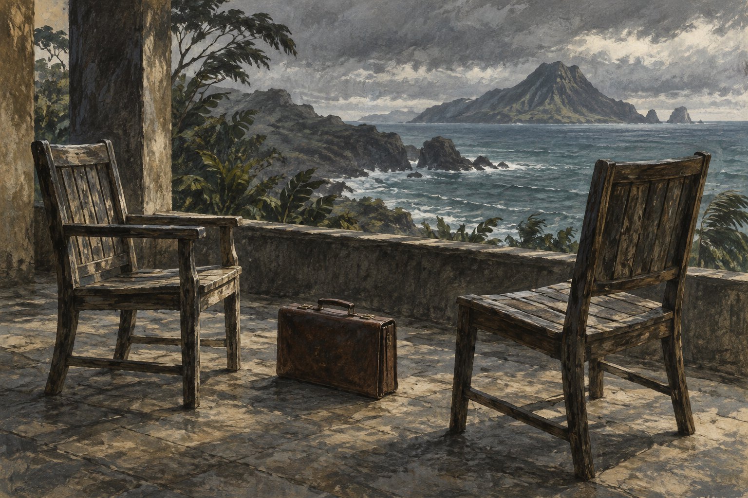 Conceptual illustration of two empty wooden chairs and a closed briefcase overlooking a windswept island coast.