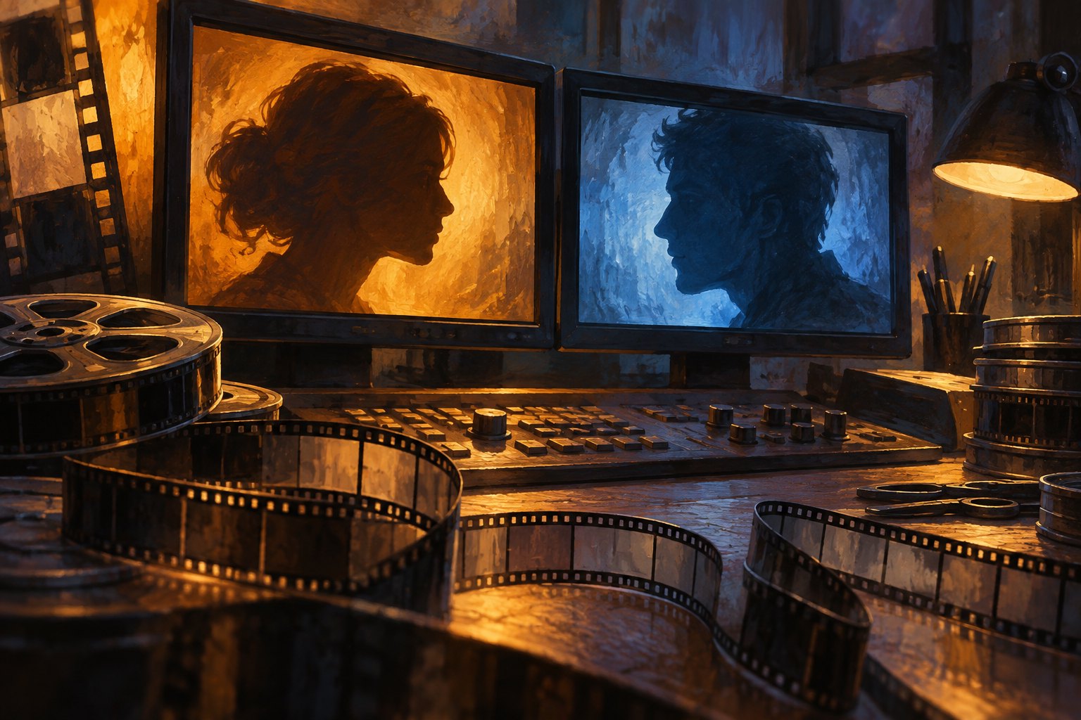 Conceptual painting of an editing desk with two monitors showing opposing profiles in warm and cool light.