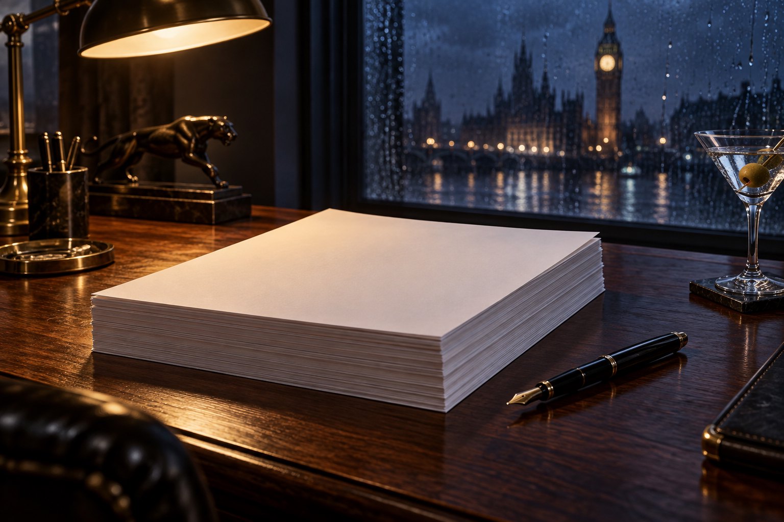Conceptual illustration of blank screenplay pages and a fountain pen on a lamplit desk overlooking rainy London.