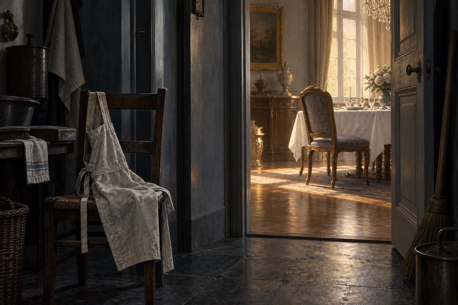 Conceptual illustration of a work apron on a chair beside a doorway into an elegant dining room, rather than a scene from the film.