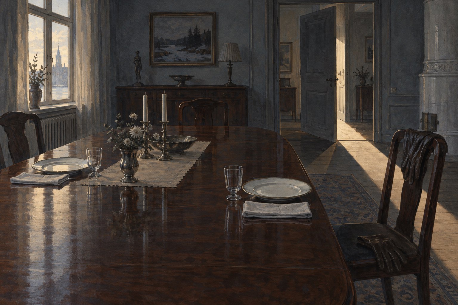Concept illustration of an empty dining room with two place settings, leather gloves, and an open doorway casting a long shadow.