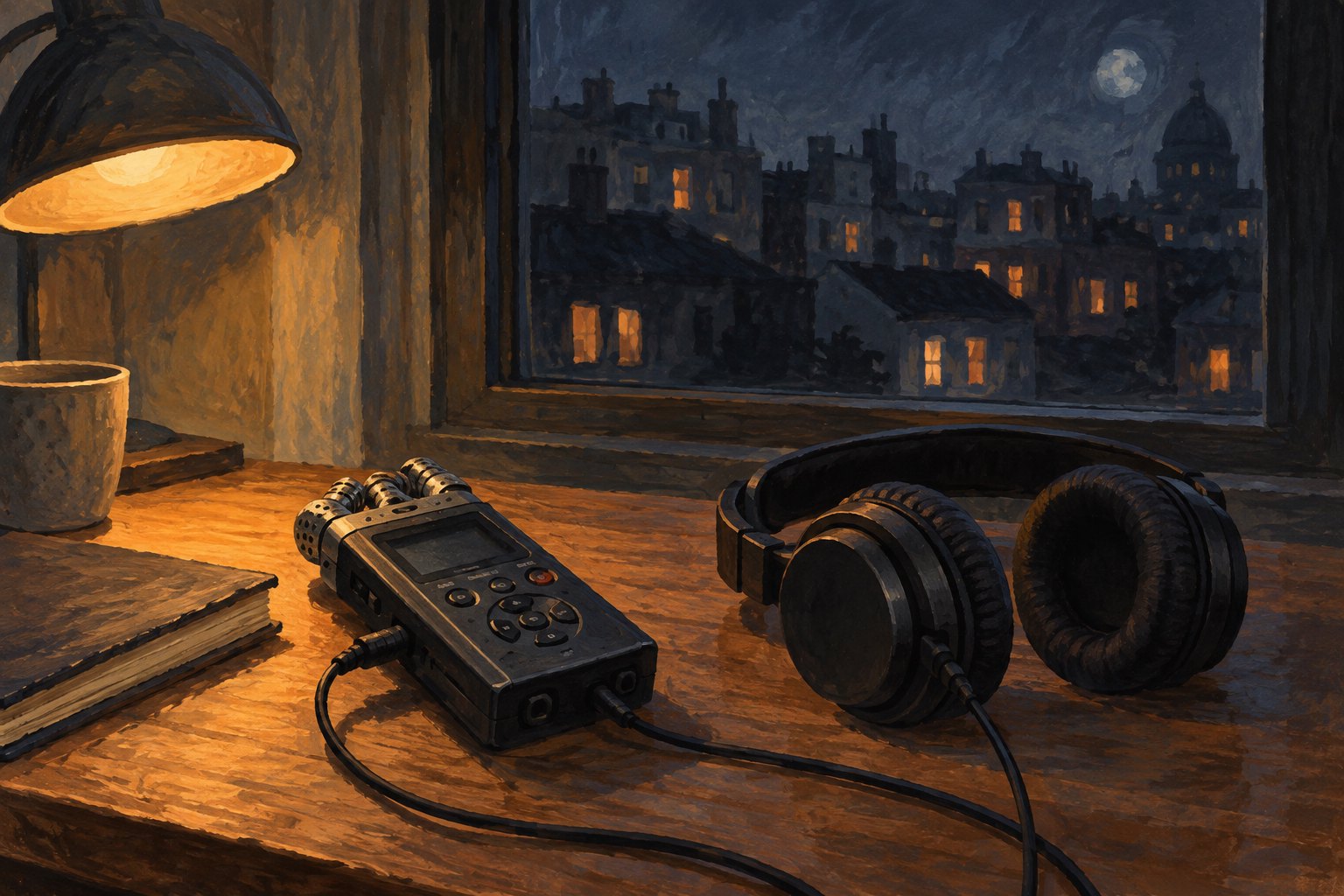 Conceptual illustration of an audio recorder and headphones on a warmly lit table beside a window overlooking rooftops at night.
