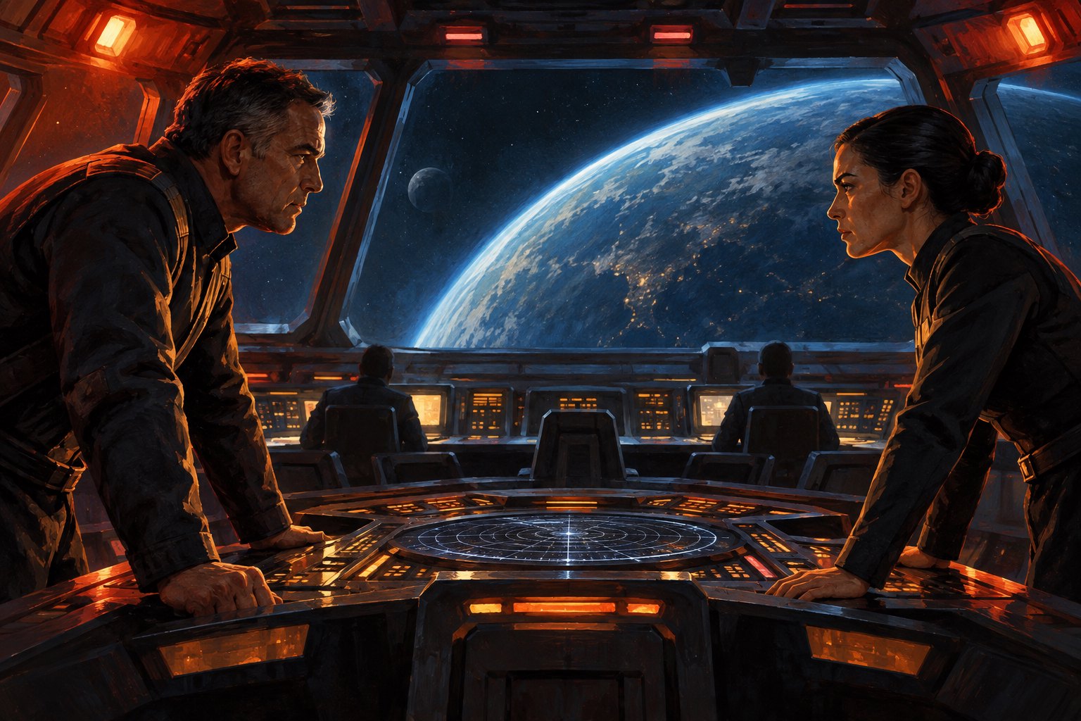 Conceptual illustration of two officers facing each other across a starship command console with a planet beyond the window.