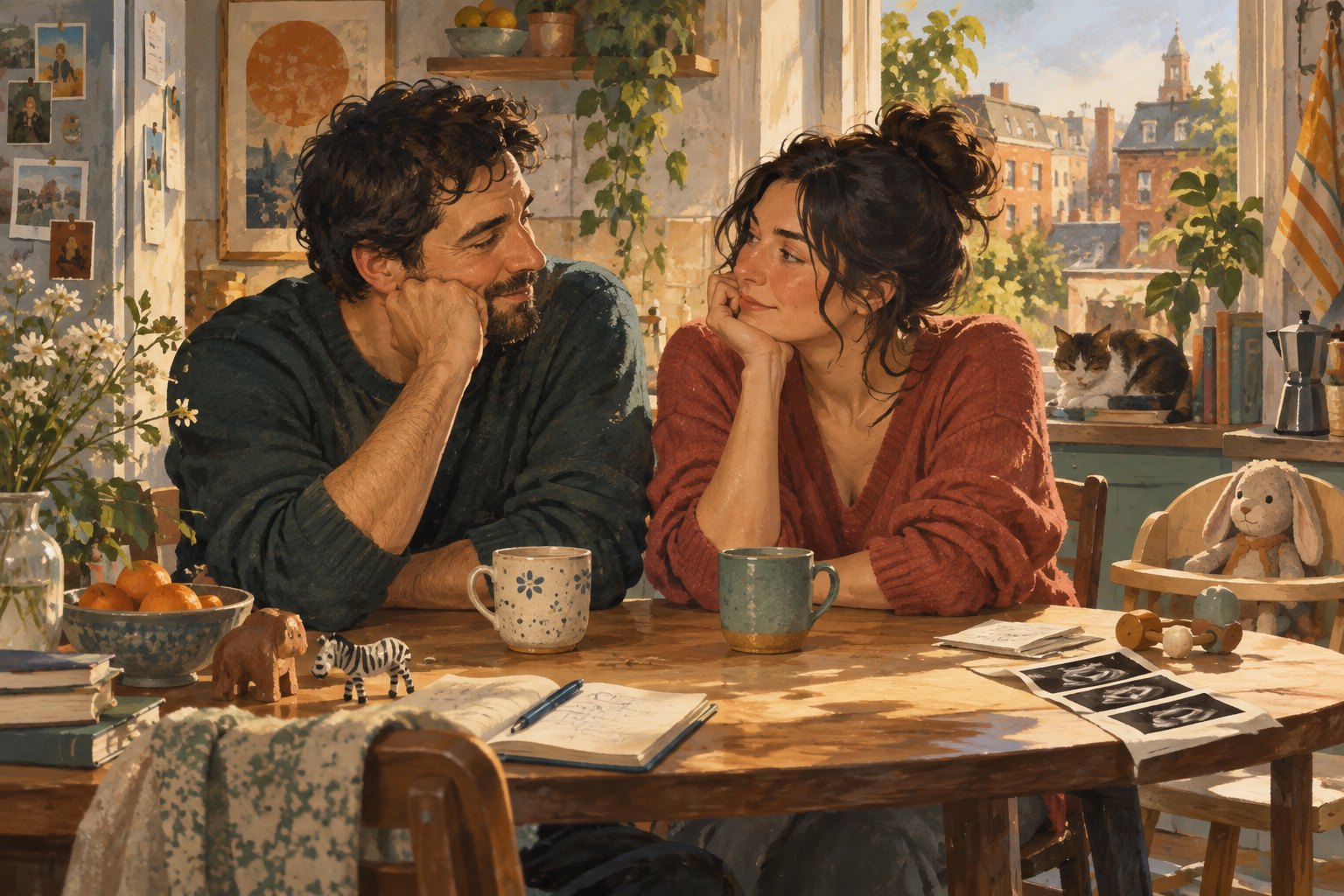 Editorial illustration of an adult couple sharing a thoughtful moment at a kitchen table with two cups.
