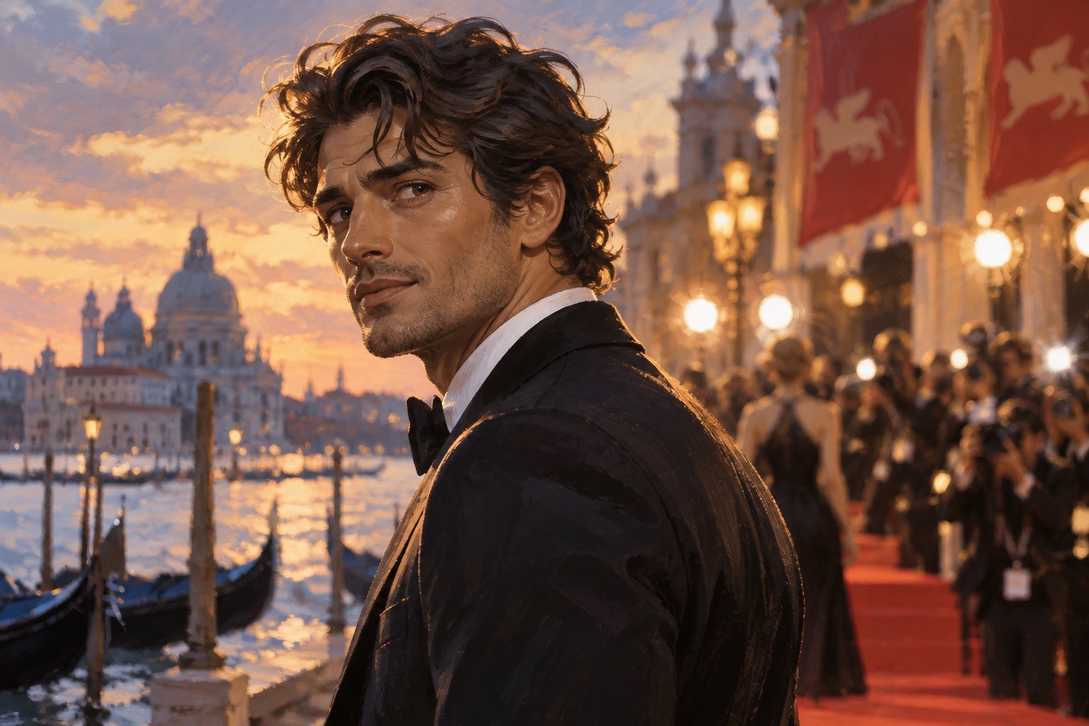 Conceptual illustration of a fictional tuxedo-clad festival guest with tousled hair beside a Venetian waterfront at sunset.