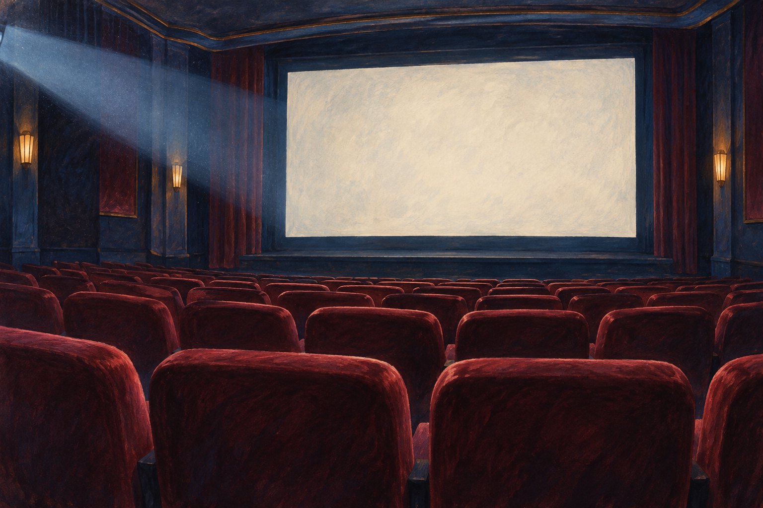 An illustrated empty movie theater with burgundy seats, a blank screen, and a projector beam cutting through the darkness.