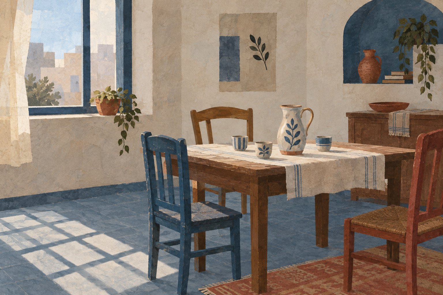 Conceptual illustration of an empty dining table with three chairs, a ceramic pitcher, and cups beside a sunlit window.