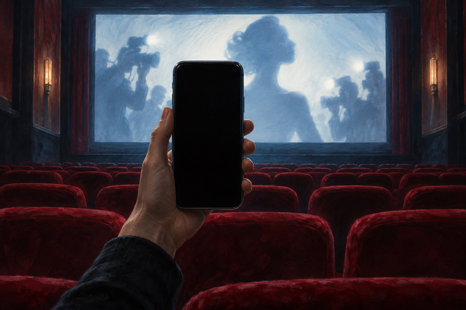 Conceptual illustration of a hand holding a dark smartphone in a red-seated theater, obscuring a screen with celebrity silhouettes.