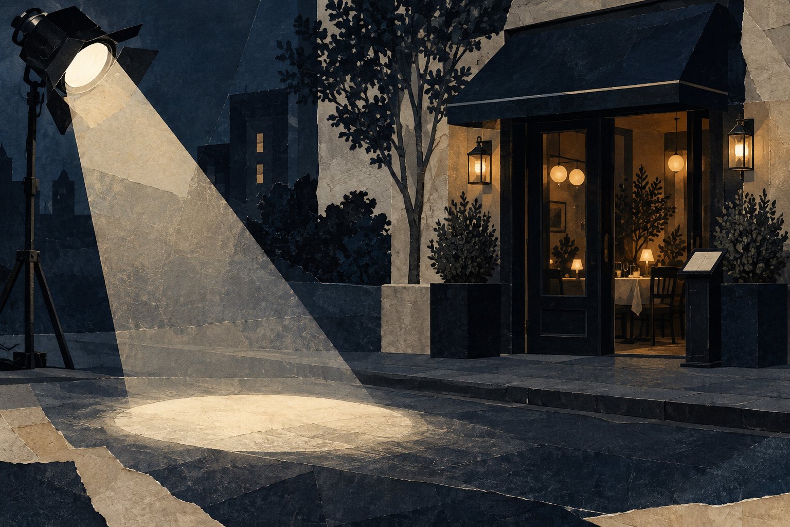 Conceptual illustration of a studio spotlight illuminating empty pavement beside an anonymous restaurant entrance.