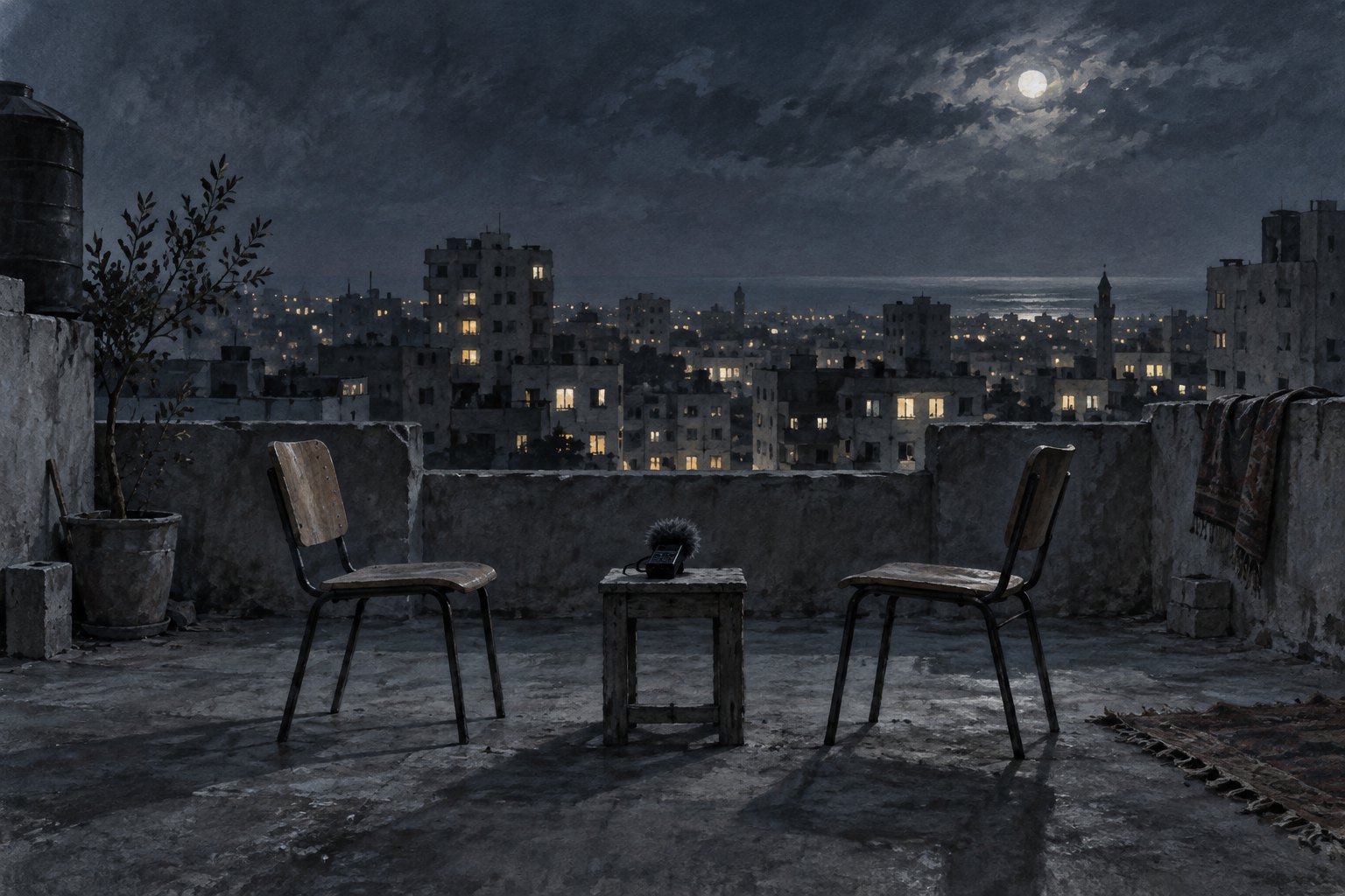 Symbolic illustration of two empty chairs and a recorder on a moonlit rooftop overlooking apartment buildings.