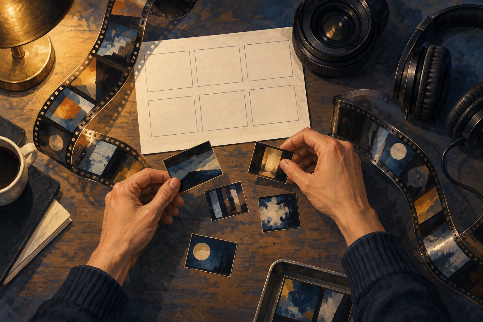 Conceptual illustration of hands arranging small images beside film strips, headphones, a camera lens, and an empty storyboard.