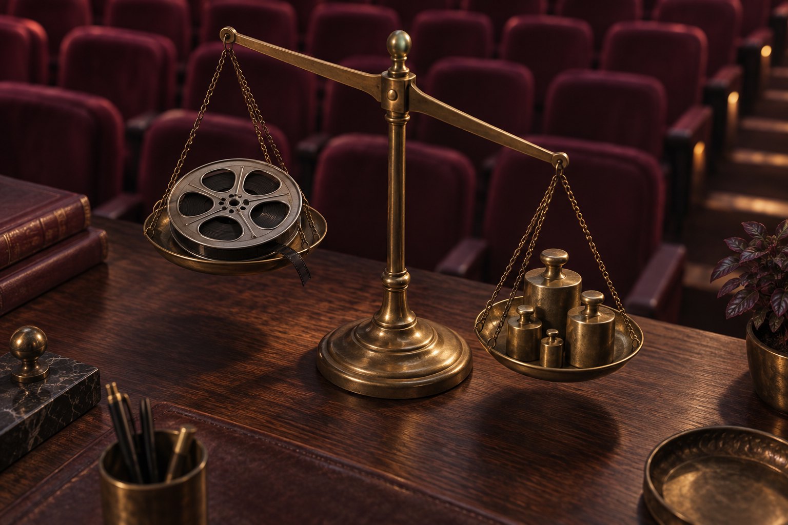 A brass balance scale weighs a film reel against metal weights on a wooden desk overlooking burgundy theater seats.