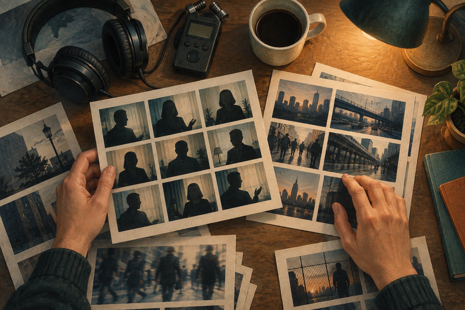 Conceptual illustration of hands arranging interview and city contact sheets beside headphones and an audio recorder.