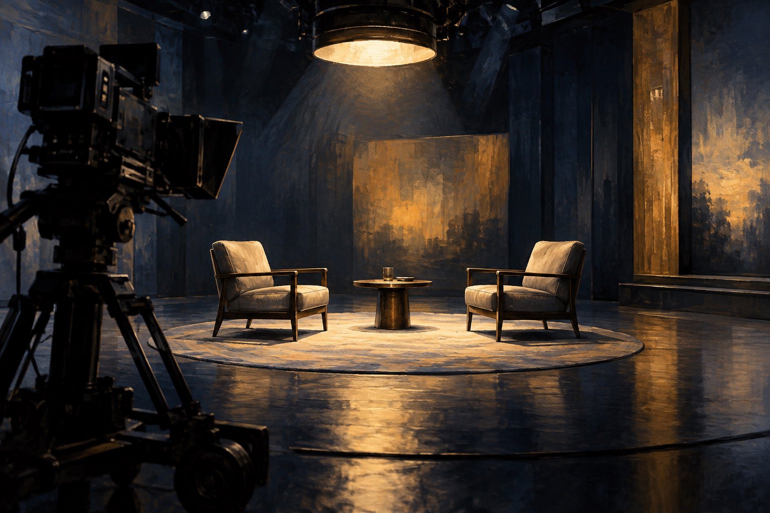 Conceptual illustration of two empty interview chairs beneath a studio light, with a broadcast camera in the foreground.