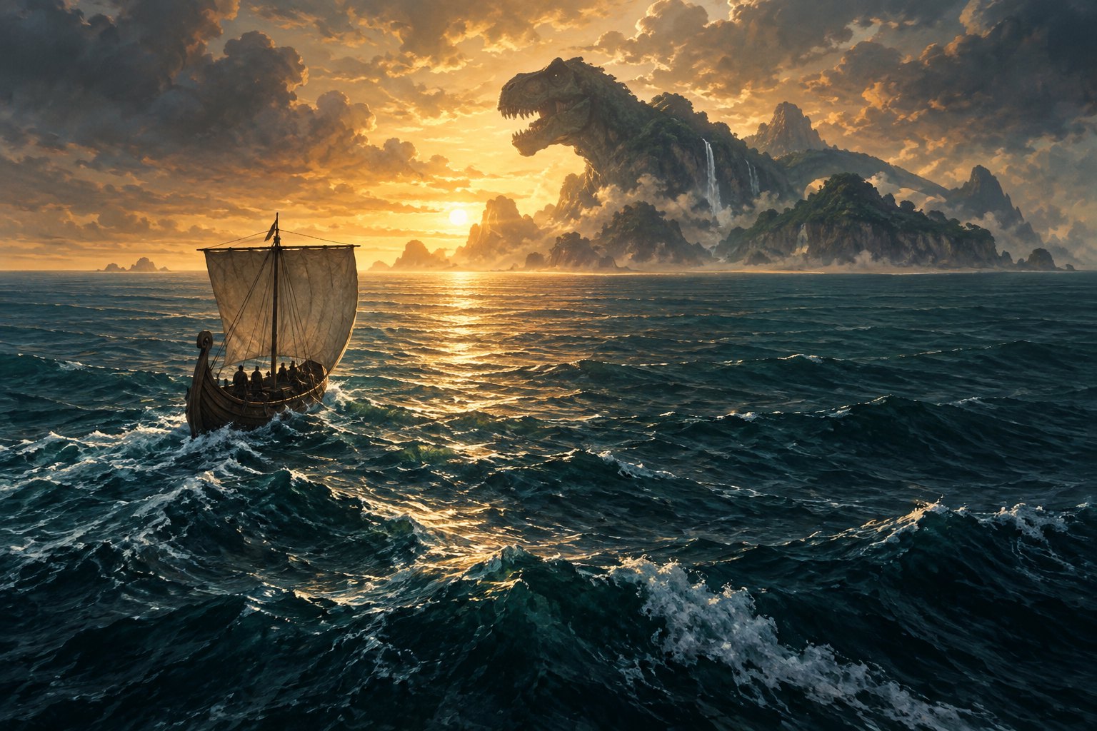 An ancient sailing ship crosses a dark sea toward a dinosaur-shaped island beneath a golden sky in a symbolic editorial illustration.