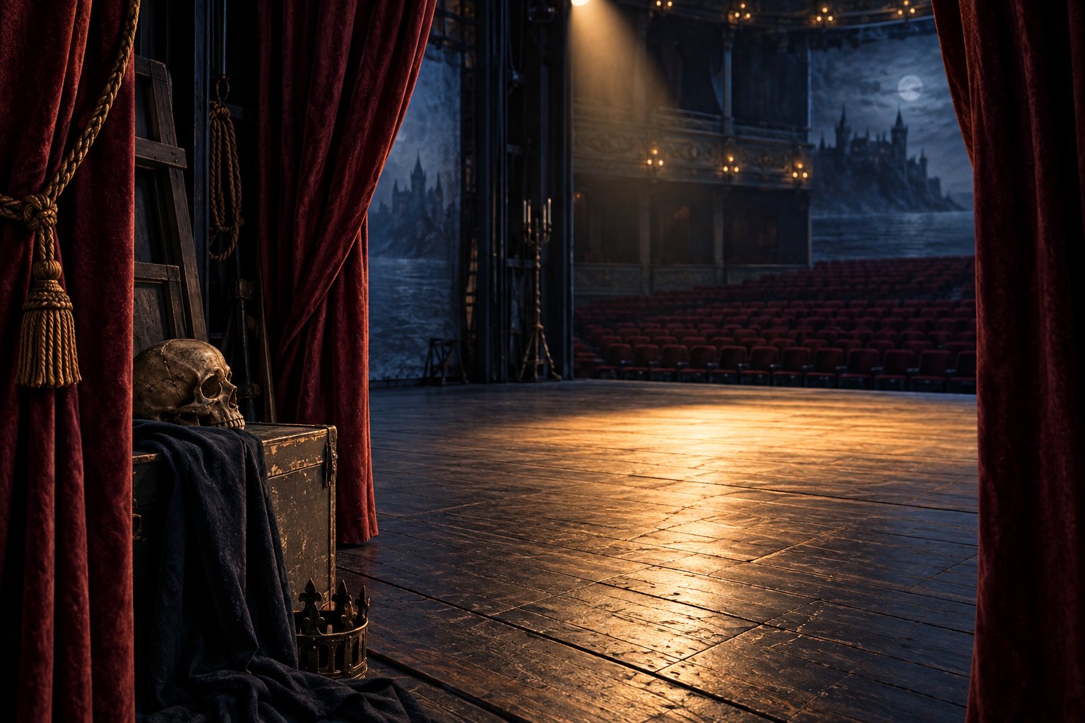 Conceptual illustration of a vacant theater stage seen through burgundy curtains, with warm light falling across the wooden floor.