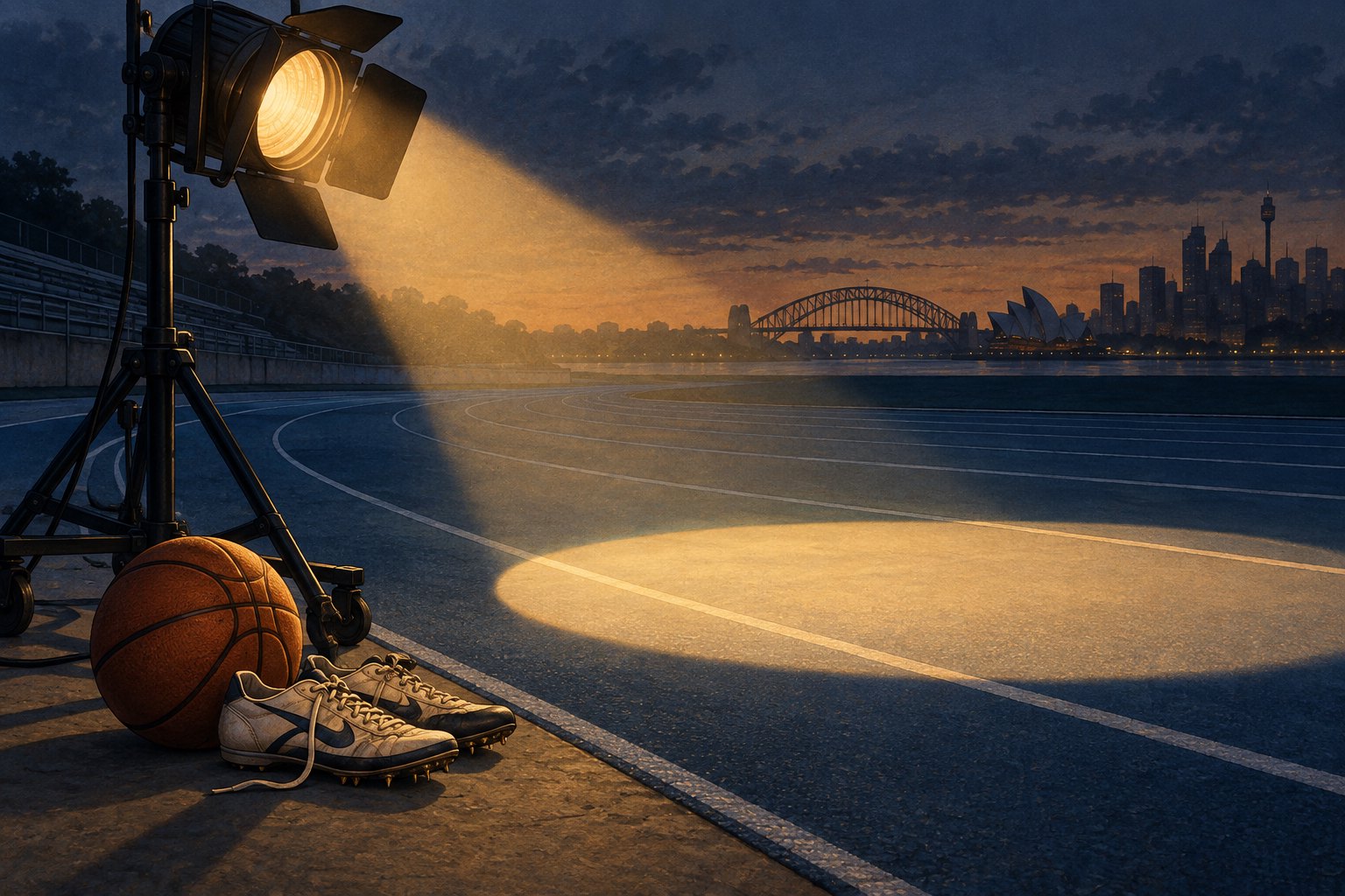 Conceptual illustration of a film spotlight illuminating an empty running track beside a basketball and running shoes.
