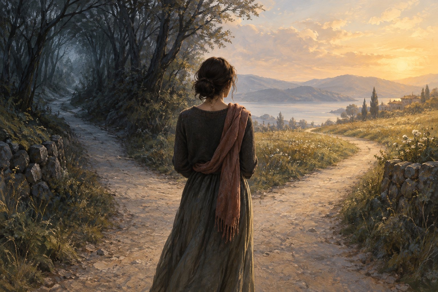 Conceptual illustration of a woman facing two paths, one beneath shadowed trees and the other opening toward a sunlit landscape.