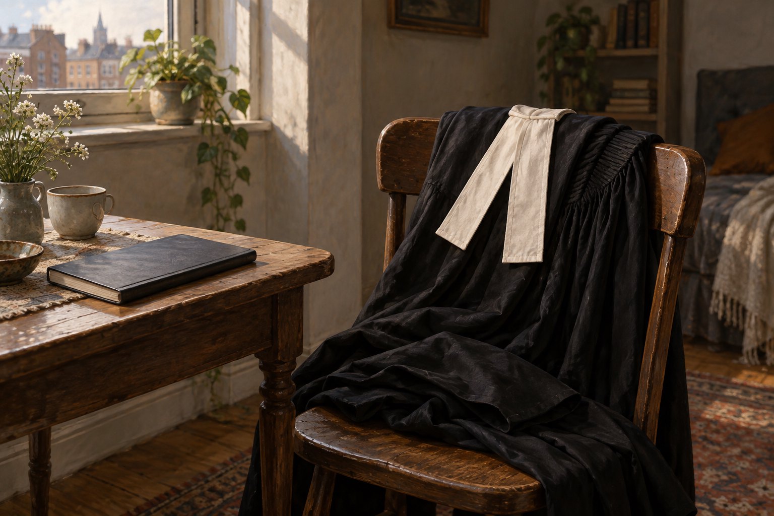 Conceptual illustration of a black barrister’s robe and cream neck bands draped over a wooden chair beside a sunlit domestic table.