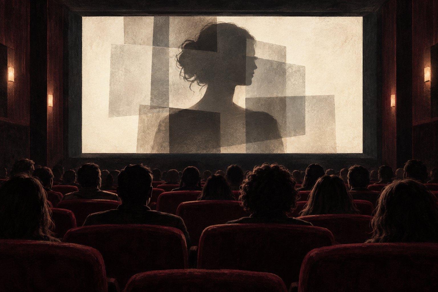 Conceptual illustration of a cinema audience watching a woman's silhouette fragmented by overlapping shadows.