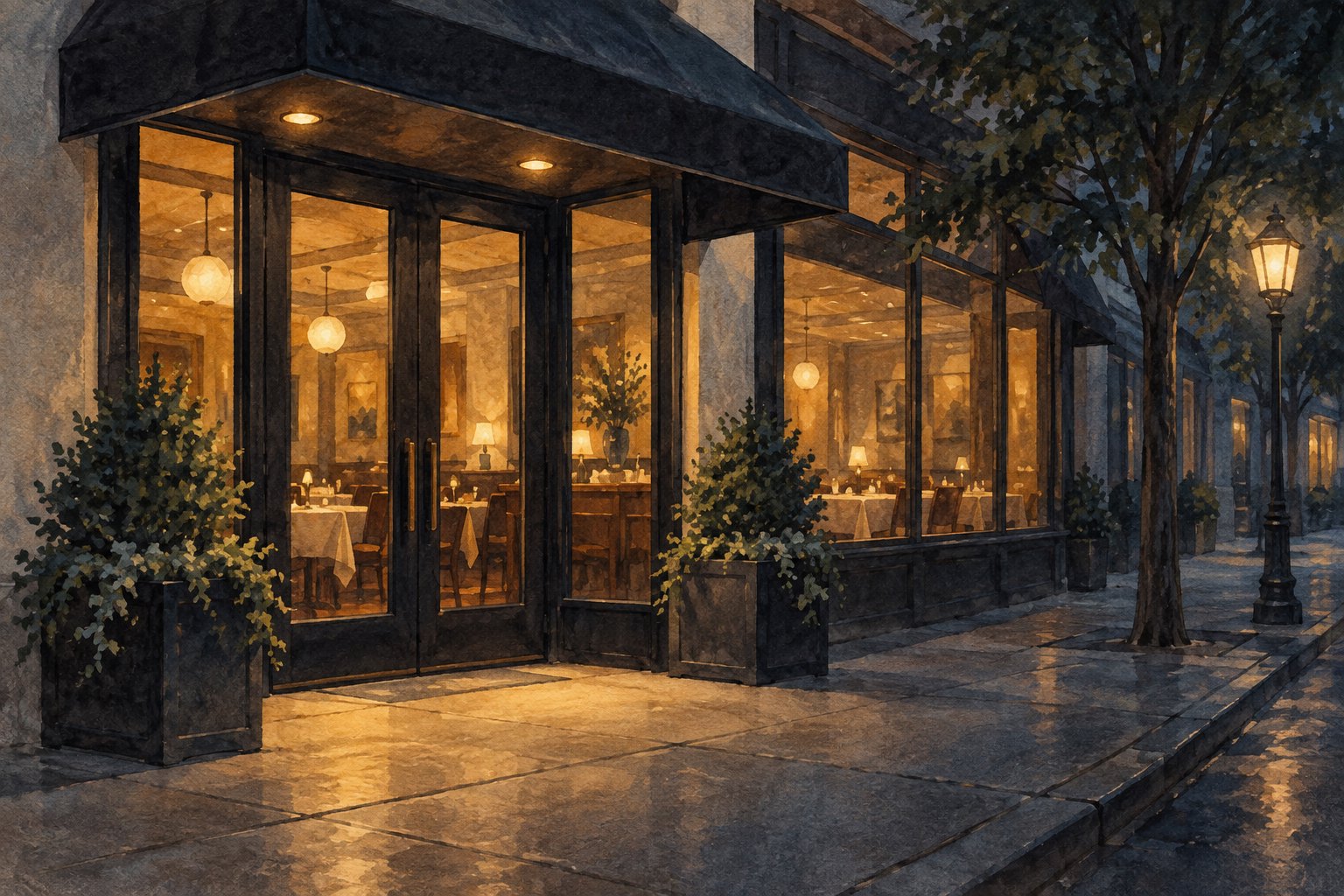 Conceptual editorial illustration of an empty restaurant entrance at night, with warm window light and a quiet sidewalk.