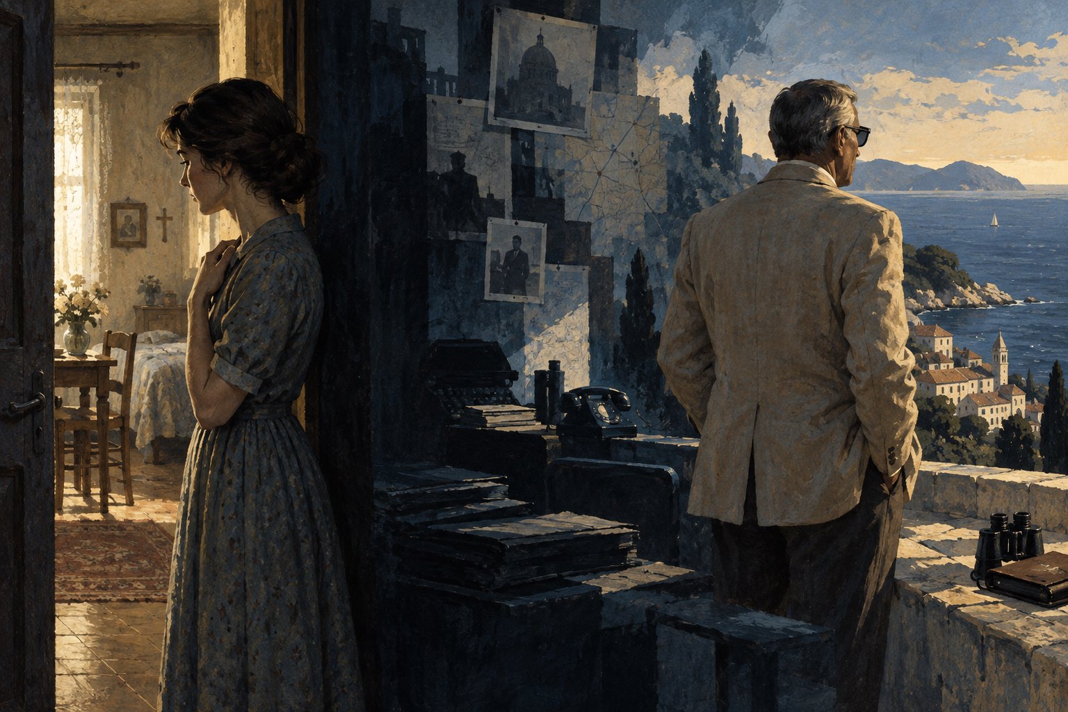 Conceptual painted illustration pairing a young woman beside a shadowed doorway with an older man overlooking a sunlit coast.