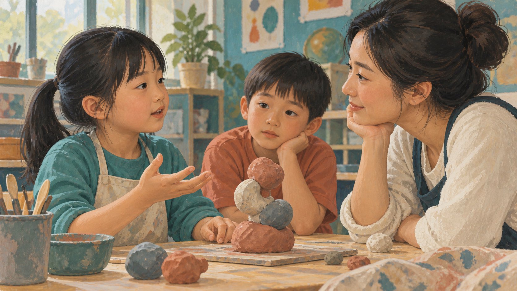 孩子在桌邊說明黏土作品，教師與同學專注聆聽的情境插畫，非電影劇照
