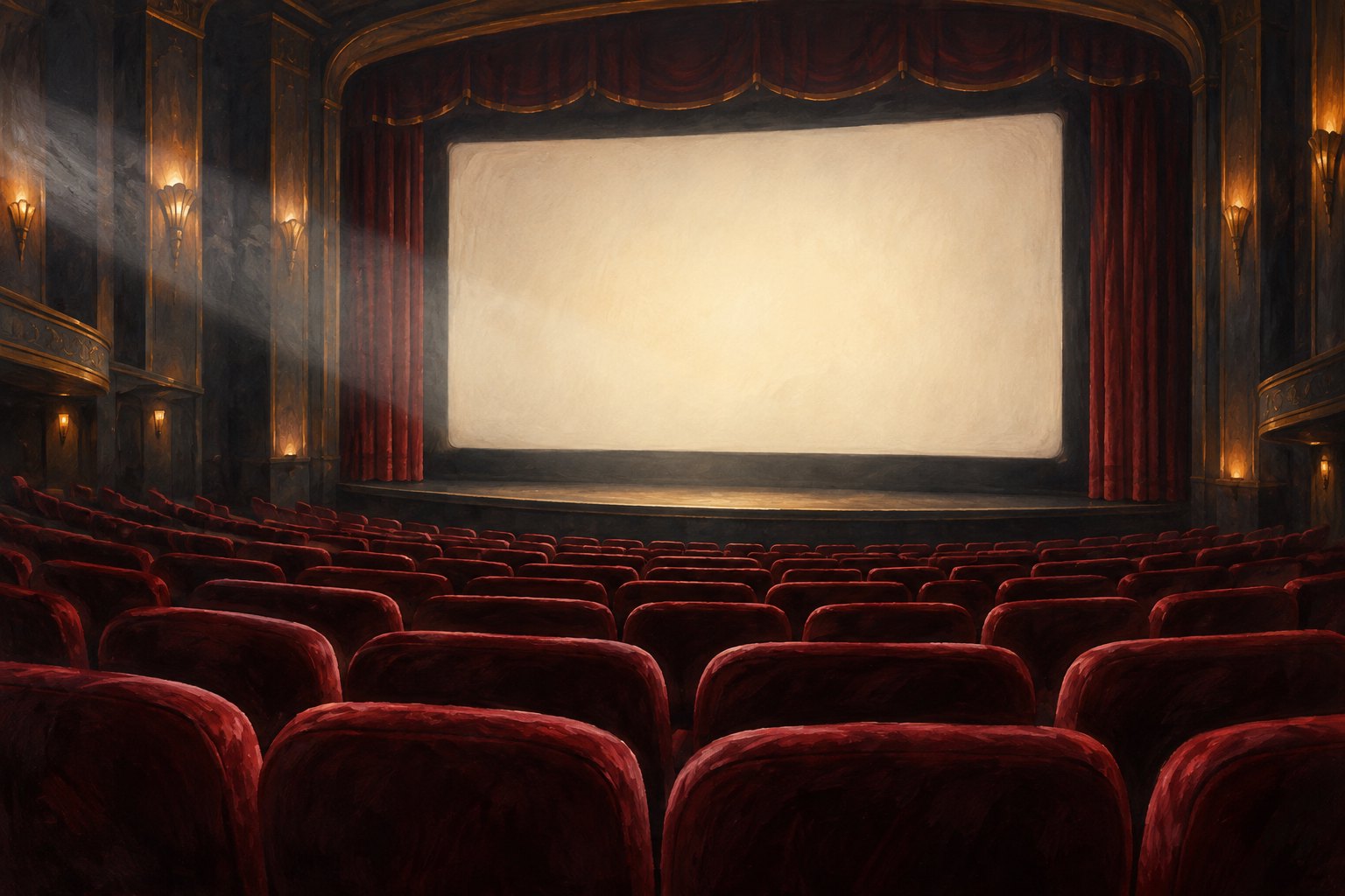 Editorial illustration of burgundy cinema seats facing a softly illuminated blank screen.