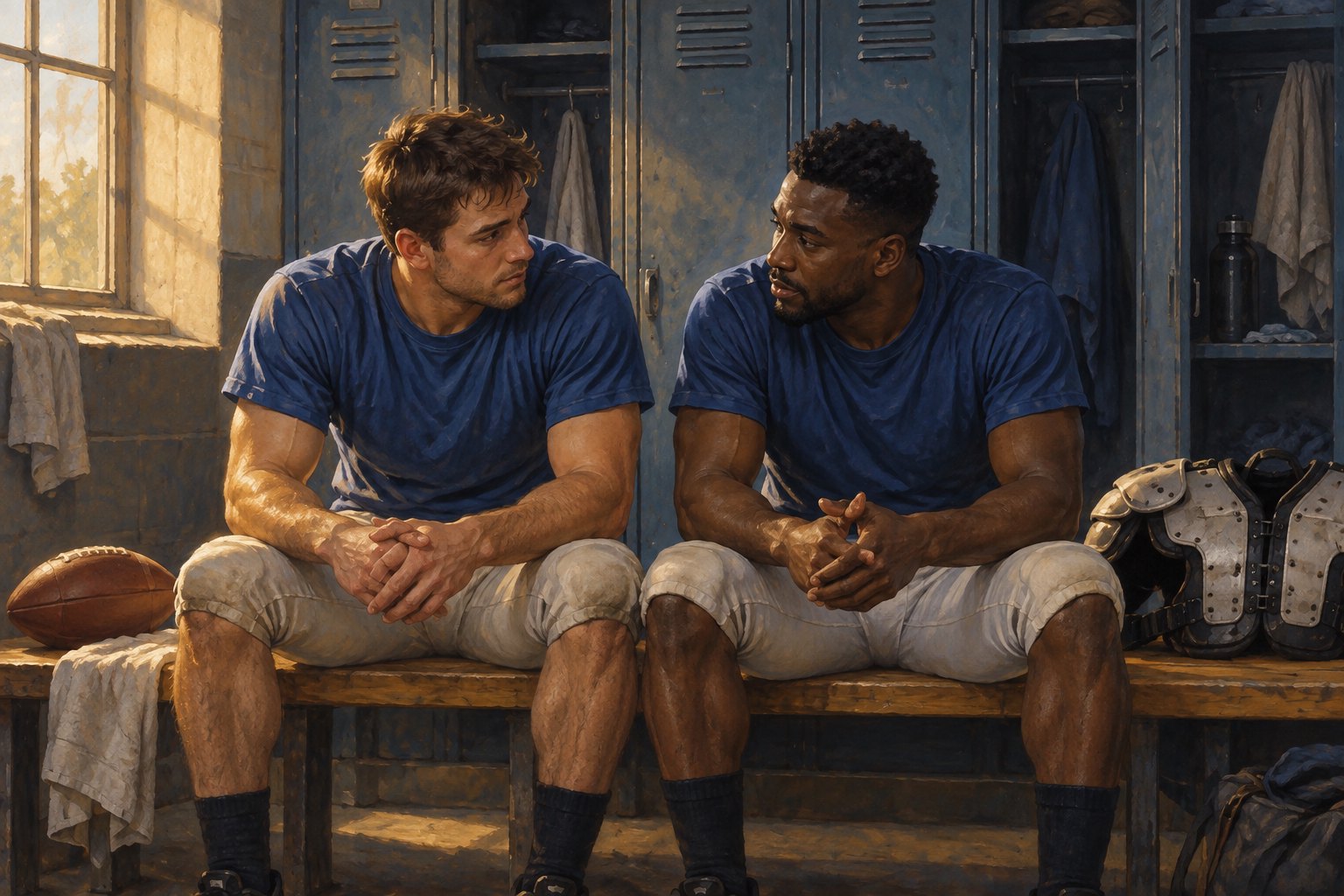 Conceptual illustration of two football teammates sharing a quiet conversation on a locker room bench.