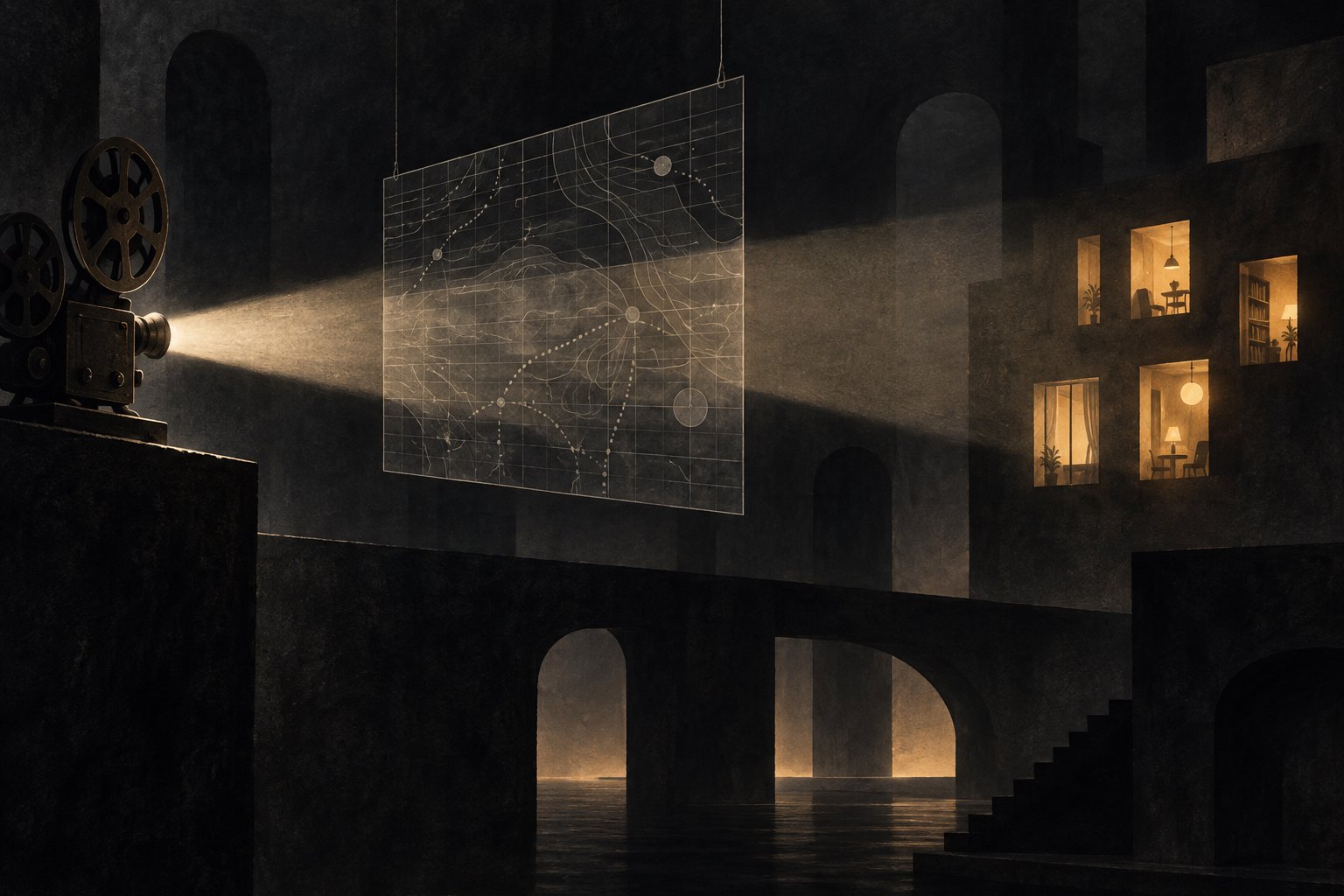 Conceptual illustration of a film projector casting light through a suspended grid toward warmly lit domestic windows.