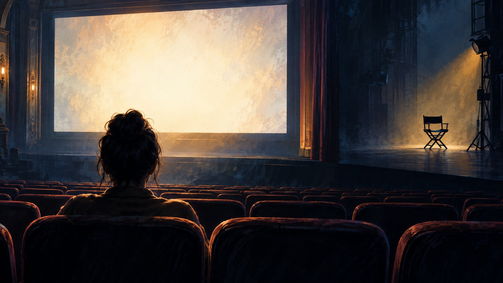 概念插畫：觀眾面向明亮銀幕，遠處空著的導演椅映出創作與觀看之間的距離
