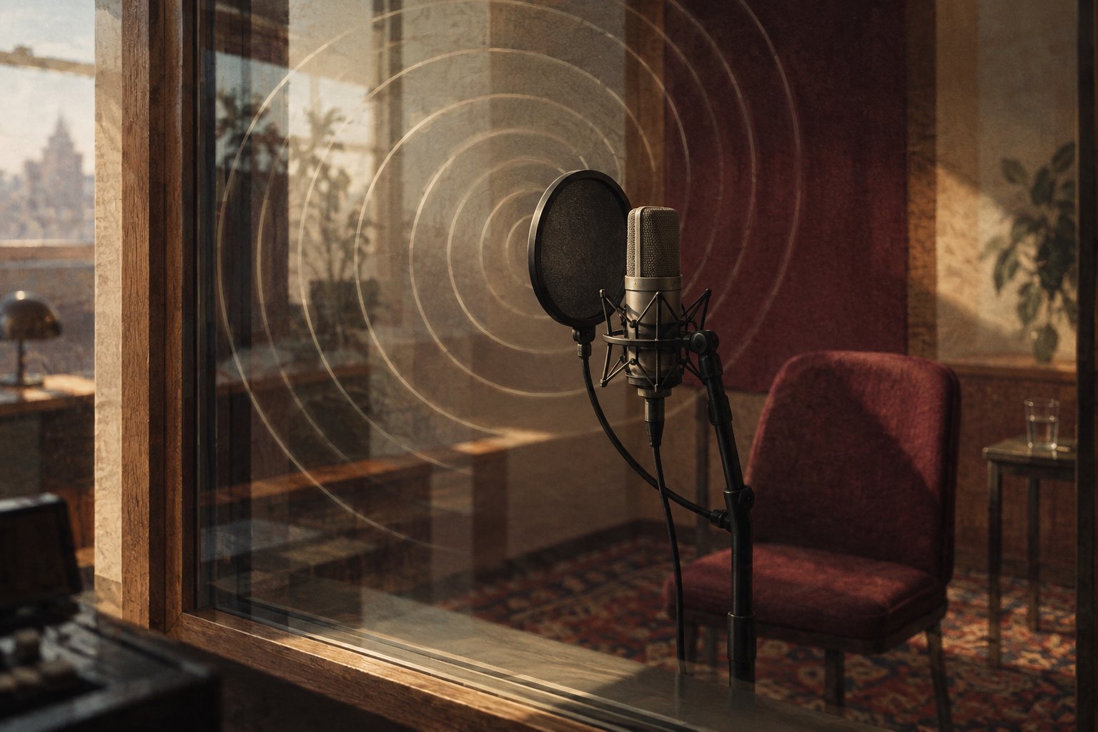 Conceptual illustration of a microphone and empty burgundy chair behind recording-booth glass patterned with circular ripples.