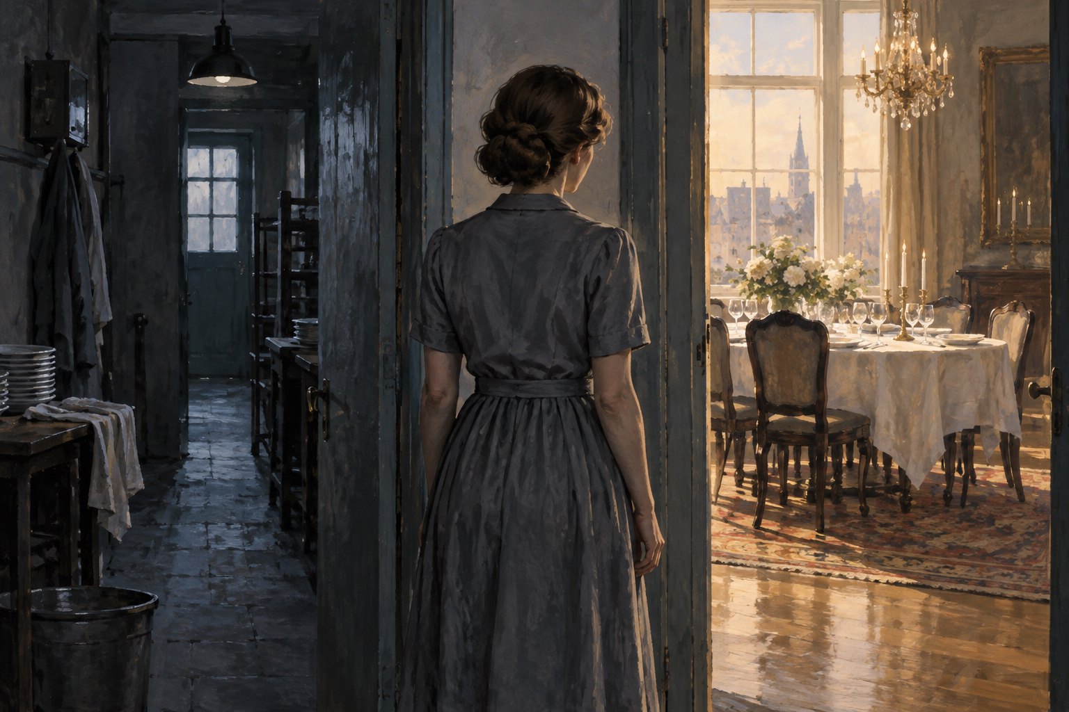 Symbolic illustration of a woman standing between a dark service corridor and a sunlit formal dining room.