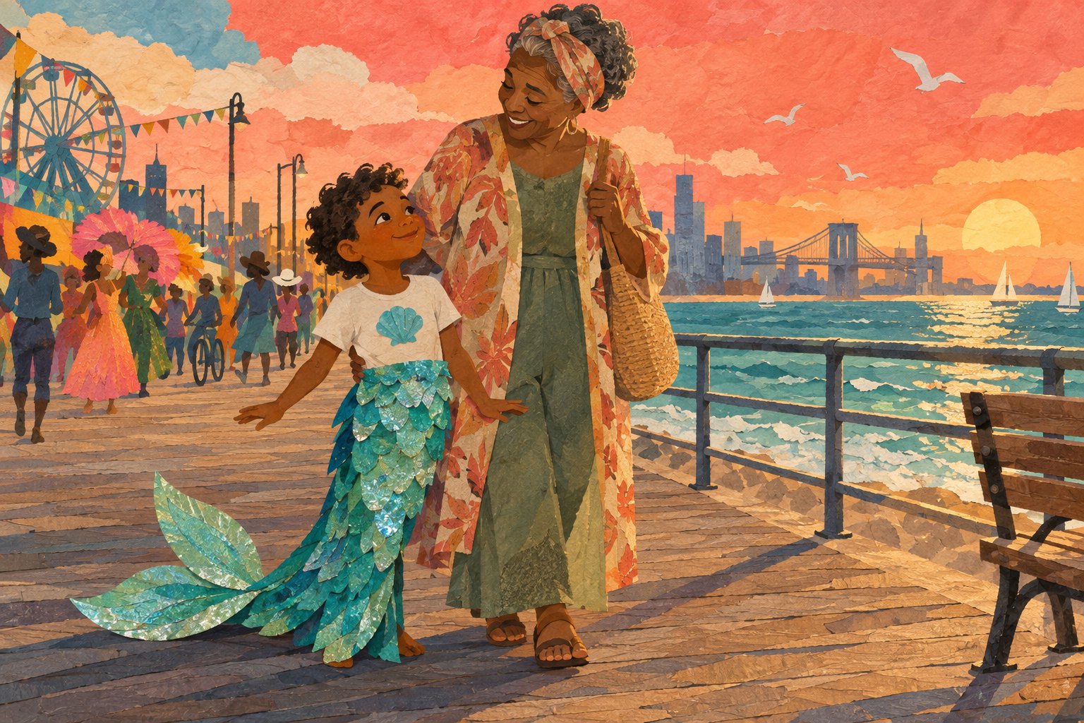 Conceptual illustration of a child in a turquoise mermaid costume beside a grandmother on a seaside boardwalk at sunset.