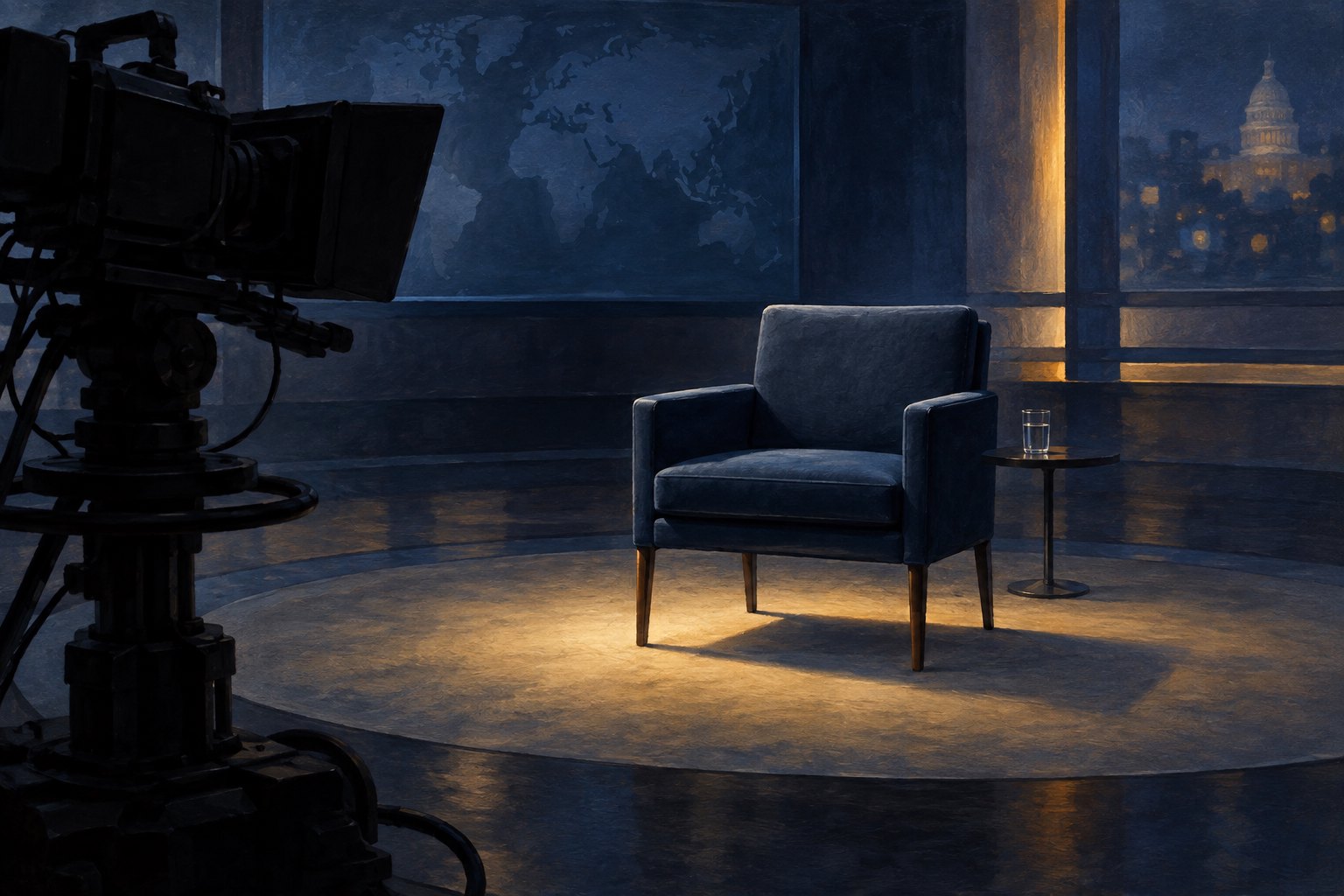 Conceptual illustration of an empty blue interview chair under studio lighting beside a broadcast camera.
