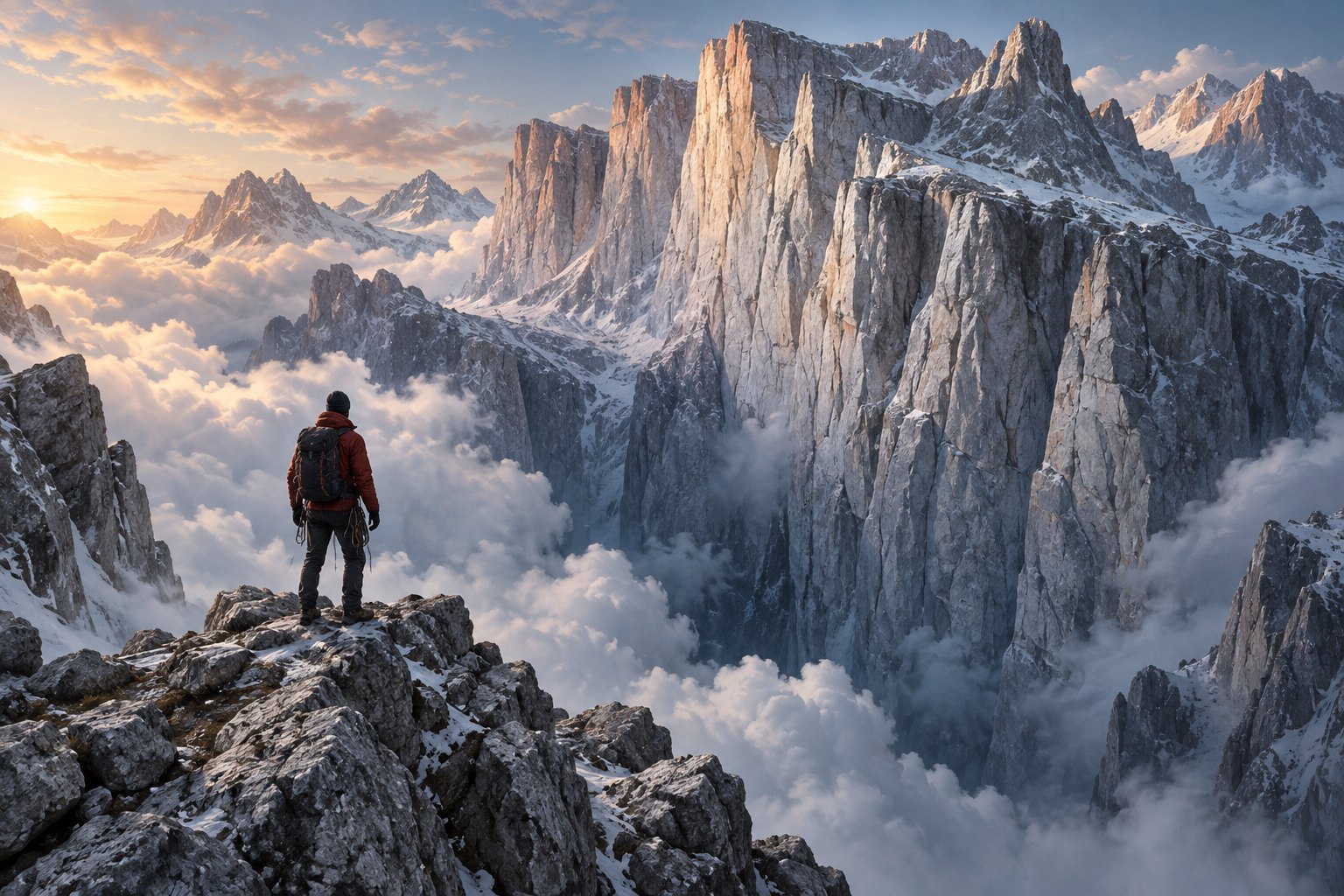 Conceptual illustration of a lone climber facing towering alpine cliffs above a cloud-filled ravine at dawn.