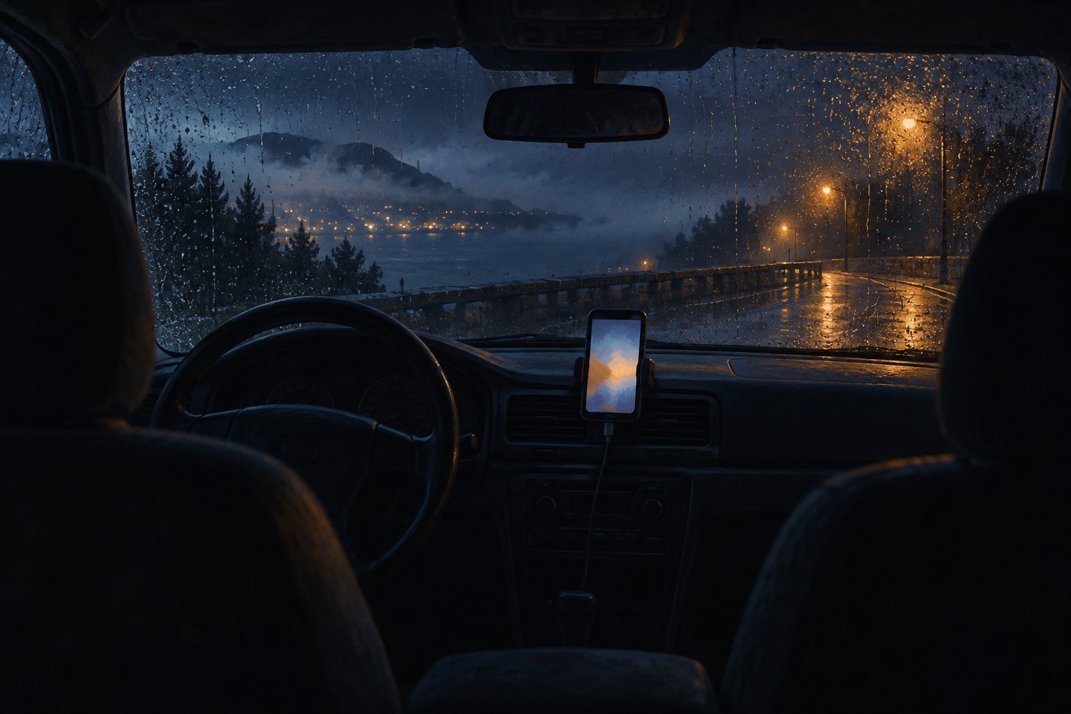 Conceptual illustration of an empty car at night, with a glowing mounted phone and streetlights beyond a rain-covered windshield.