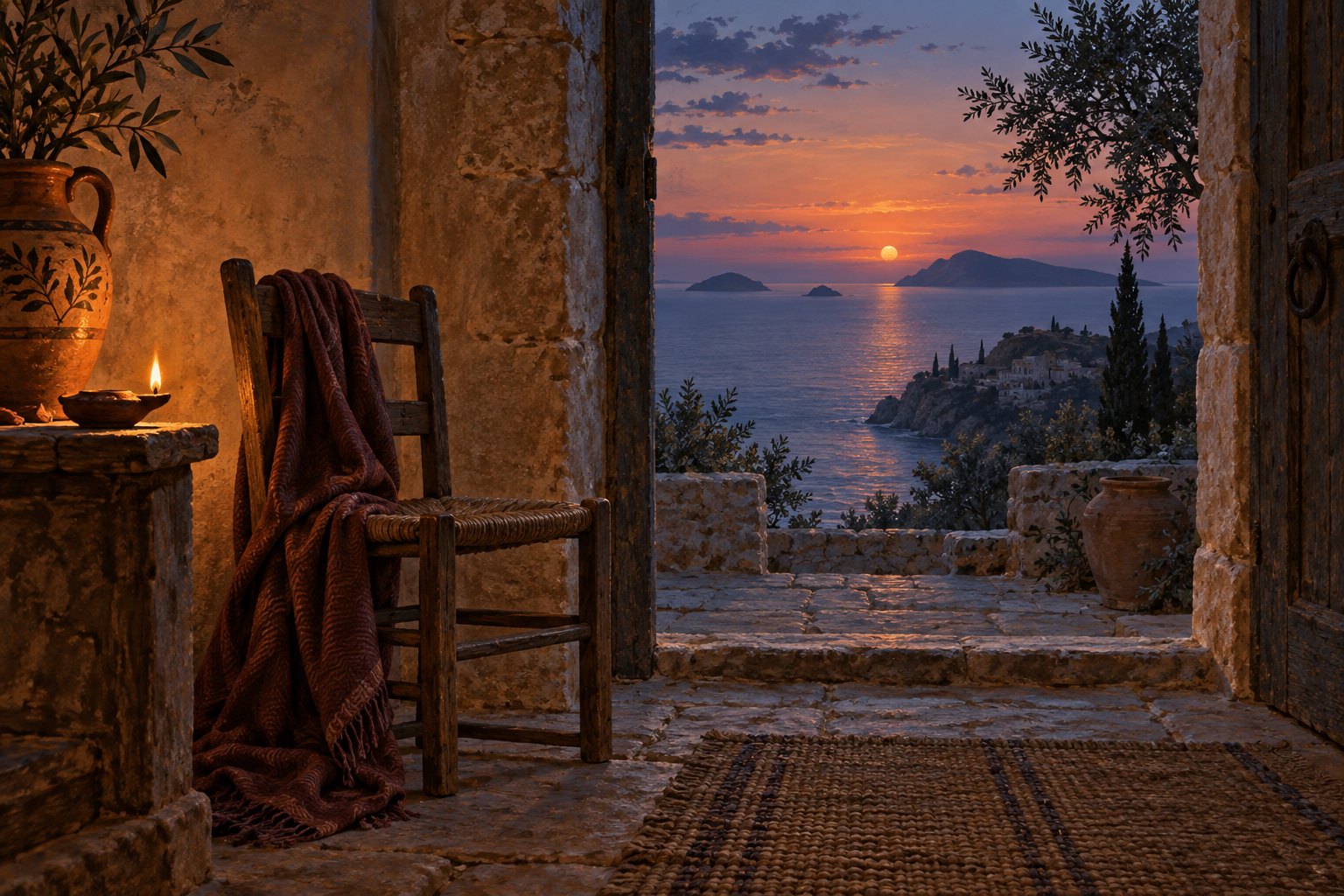 An empty wooden chair draped with a cloak sits beside an oil lamp in a stone doorway overlooking the sea at sunset.