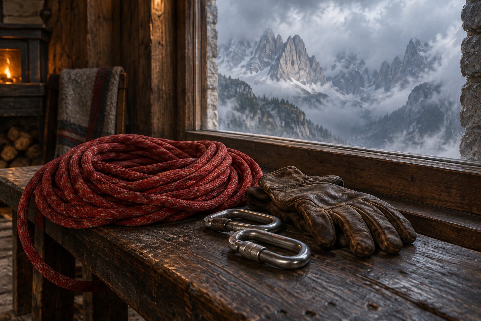 Conceptual illustration of climbing rope, gloves, and carabiners on a wooden bench overlooking misty alpine peaks.