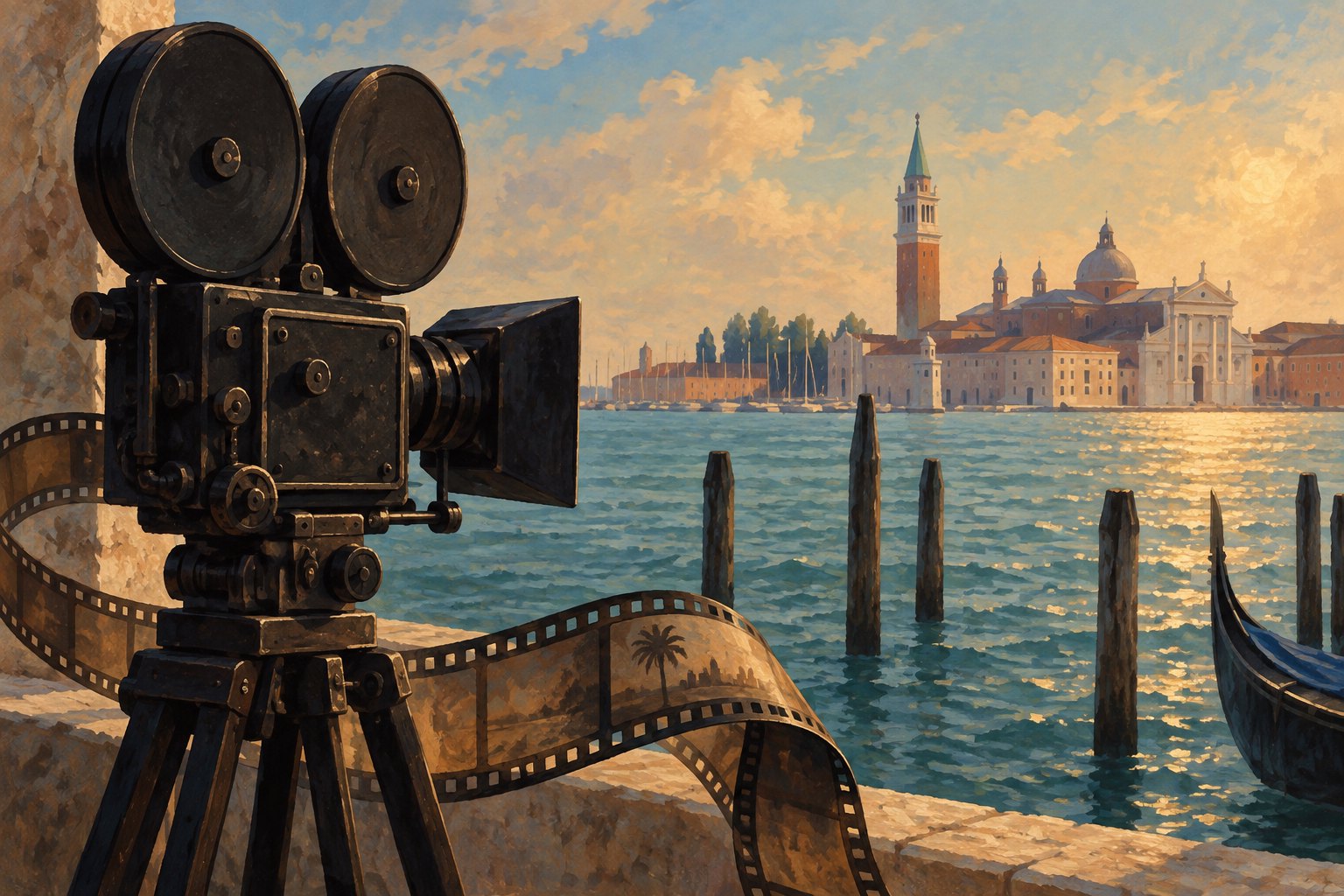 Conceptual illustration of a movie camera and curling film overlooking a sunlit Venetian waterfront.